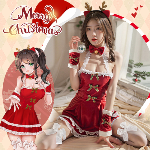 魅力狂歡派對！花邊蕾絲吊頸Ｕ型美背雙層波浪裙襬五件式套裝 聖誕